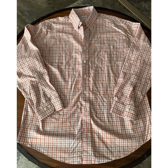 Brooks Brothers 346 Men Size LR Orange White Check Regular Fit Long Sleeve Shirt - Picture 2 of 10